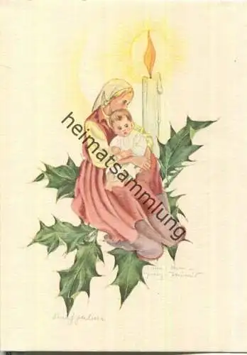 Stechpalme - Mutter mit Kind - Kerze - Schwarz-Torinus-Karte 1012 - Kunstverlag Georg Michel Nürnberg-Ost 40er Jahre