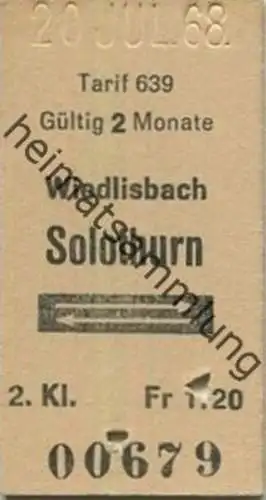 Schweiz - Tarif 639 - Wiedlisbach Solothurn und zurück - Fahrkarte 1968