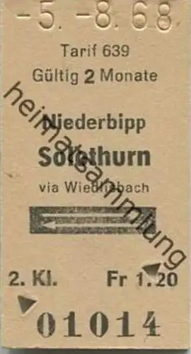 Schweiz - Tarif 639 - Niederbipp Solothurn via Wiedlisbach und zurück - Fahrkarte 1968