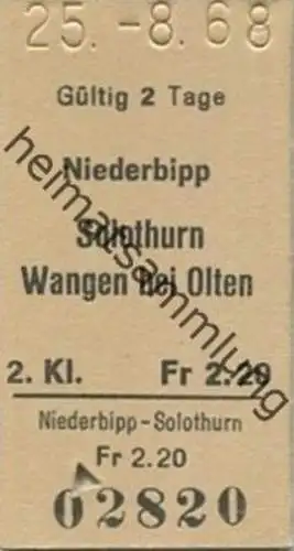 Schweiz - Niederbipp Solothurn Wangen bei Olten - Fahrkarte 1968