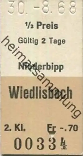 Schweiz - Niederbipp Wiedlisbach - Fahrkarte 1/2 Preis 1968