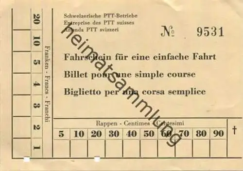 Schweiz - Fahrschein für eine einfache Fahrt - Schweizerische PTT-Betriebe