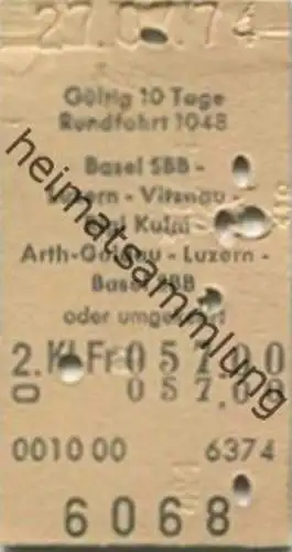 Schweiz - Rundfahrt 1048 - Basel SBB Luzern-Vitznau Rigi-Kulm Arth Goldau Luzern Basel SBB oder umgekehrt - Fahrkarte 19