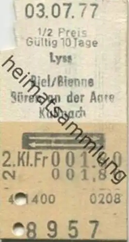 Schweiz - Lyss Biel Bienne Büren an der Aare Kallnach und zurück - Fahrkarte 1/2 Preis 1977