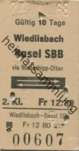 Schweiz - Wiedlisbach Basel via Niederbipp-Olten und zurück - Fahrkarte 1968