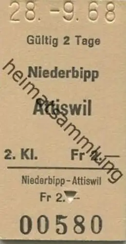 Schweiz - Niederbipp Attiswil - Fahrkarte 1968