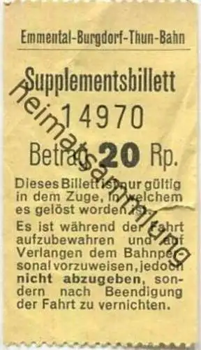 Schweiz - Emmental-Burgdorf-Thun-Bahn (EBT) - Supplementsbillet 20 Rp.