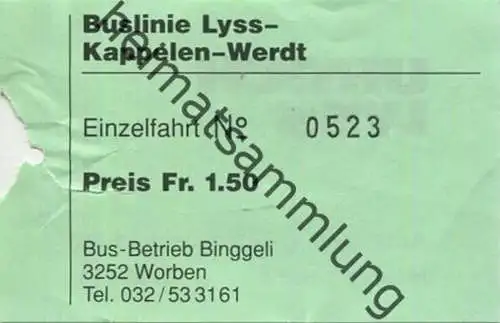 Schweiz - Buslinie Lyss Kappelen Werdt - Einzelfahrt - Fahrschein Preis Fr. 1.50 - Bus-Betrieb Binggeli Worben