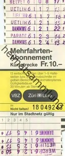 Schweiz - Zürich - Verkehrsbetriebe Zürich - Mehrfahrtenabonnement - VBZ Züri-Linie - Fahrkarte Fr. 10.- 1984