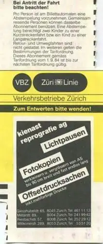 Schweiz - Zürich - Verkehrsbetriebe Zürich - Mehrfahrtenabonnement - VBZ Züri-Linie - Fahrkarte Fr. 10.- 1984