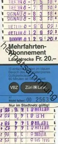 Schweiz - Zürich - Verkehrsbetriebe Zürich - Mehrfahrtenabonnement - VBZ Züri-Linie - Fahrkarte Fr. 20.- 1987