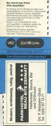 Schweiz - Zürich - Verkehrsbetriebe Zürich - Mehrfahrtenabonnement - VBZ Züri-Linie - Fahrkarte Fr. 20.- 1987