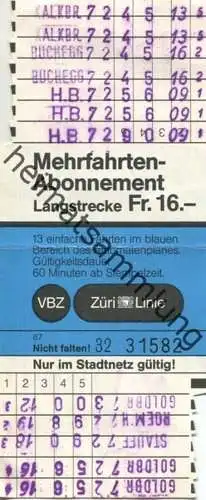 Schweiz - Zürich - Verkehrsbetriebe Zürich - Mehrfahrtenabonnement - VBZ Züri-Linie - Fahrkarte Fr. 16.- 1987