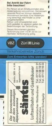 Schweiz - Zürich - Verkehrsbetriebe Zürich - Mehrfahrtenabonnement - VBZ Züri-Linie - Fahrkarte Fr. 16.- 1987