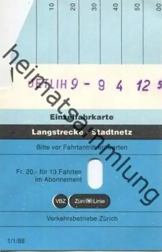 Schweiz - Zürich - Verkehrsbetriebe Zürich - Einfache Fahrt im VBZ-Stadtnetz - VBZ Züri-Linie - Fahrkarte 1988