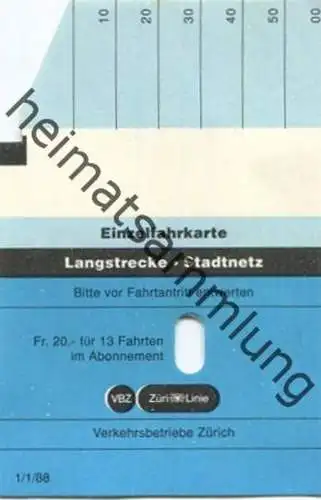 Schweiz - Zürich - Verkehrsbetriebe Zürich - Einzelfahrkarte - Langstrecke - VBZ Züri-Linie 1988 - nicht entwertet