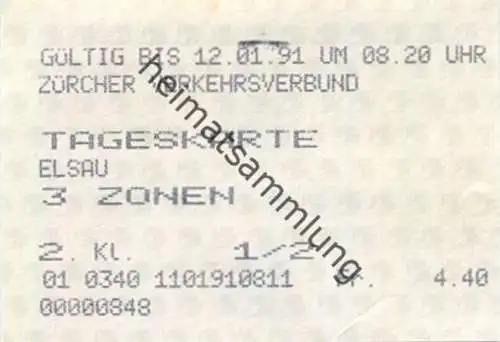 Schweiz - Zürich - Zürcher Verkehrsverbund - Tageskarte Elsau - Fahrkarte 1/2 1991