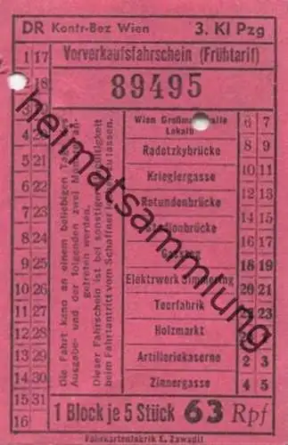 Österreich - Wien - DR Kontr Bez Wien - Fahrschein 1940 - 3. Kl Pzg - Vorverkaufsfahrschein (Frühtarif) 63Rpf.