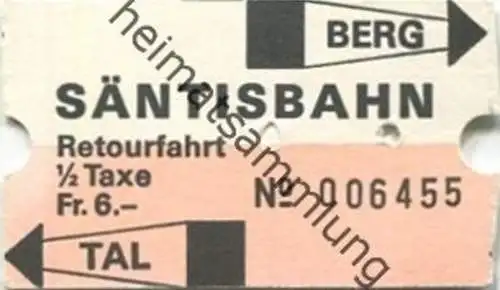 Schweiz - Säntisbahn - Fahrkarte Retourfahrt 1/2 Taxe