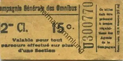 Frankreich - Paris - Compagnie Generale des Omnibus - Fahrschein 2me Cl. 15c
