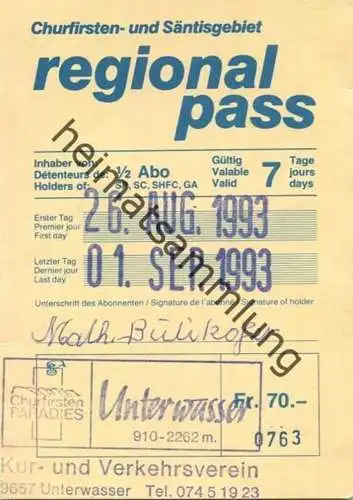 Schweiz - Churfirsten- und Säntisgebiet - Regionalpass - Fahrkarte gültig 7 Tage 1993