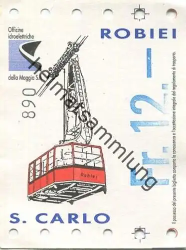 Schweiz - Luftseilbahn San Carlo–Robièi - Fahrkarte - rückseitig Fahrplan