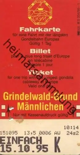 Schweiz - Gondelbahn Grindelwald-Männlichen - Grindelwald-Grund Männlichen einfach - Fahrkarte 1995