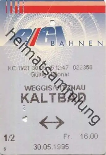 Schweiz - Rigi-Bahnen - Weggis/Vitznau Kaltbad - Fahrkarte 1995