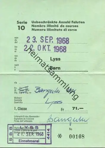Schweiz - Lyss Bern - Fahrkarte für Unbeschränkte Anzahl Fahrten - 1. Classe Sept./Okt. 1968