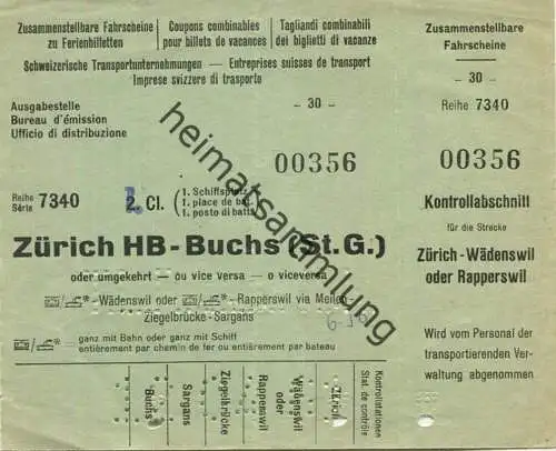 Schweiz - Fahrschein zu Familienbilett - Zürich HB Buchs (ST.G) oder umgekehrt - Fahrschein 1. Cl. 1961