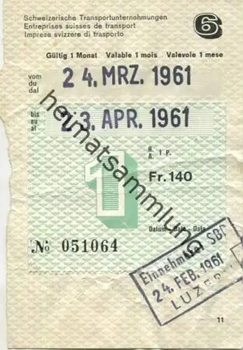 Schweiz - SBB - Schweizerische Transportunternehmungen - GA gültig 1 Monat März April 1961 Fr. 140 - Einnehmerei Luzern