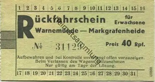 Deutschland - Rückfahrschein - Warnemünde Markgrafenheide - Strandbahn Fahrschein für Erwachsene Preis 40Rpf.