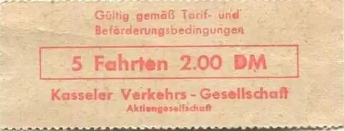 Deutschland - Kassel - Kasseler Verkehrs-Gesellschaft - Einzelabschnitt einer 5 Fahrtenkarte  zu 2.00 DM - Fahrkarte