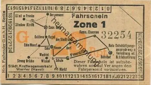 Deutschland - Werder - Städtischer Kraftwagenverkehr Werder (Havel) - Fahrschein 20Rpf.