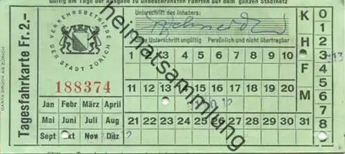 Schweiz - Verkehrsbetriebe der Stadt Zürich - Tagesfahrkarte Fr. 2.-