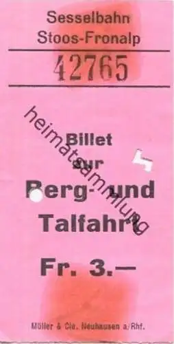 Schweiz - Sesselbahn Stoos-Fronalp - Billet zur Berg- und Talfahrt - Fahrschein Fr. 3.-