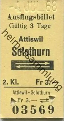 Schweiz - Ausflugsbillet - Attiswil Solothurn und zurück - Fahrkarte 2. Kl. 1968
