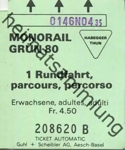 Schweiz - Monorail Grün 80 - 1 Rundfahrt - Erwachsene Fahrkarte - Ticket Fr. 4.50
