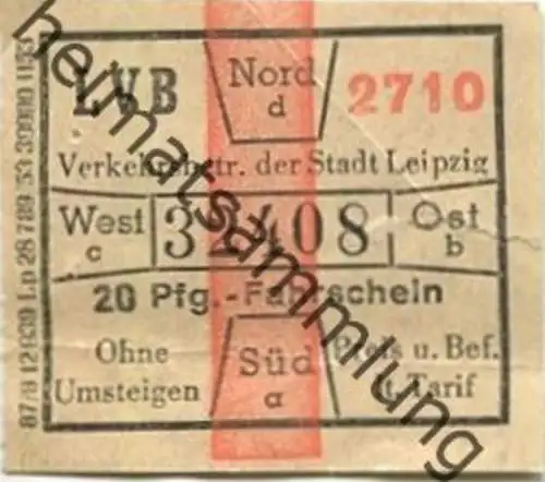 Deutschland - LVB - Verkehrsbetrieb der Stadt Leipzig 1953 - 20Pfg. Fahrschein