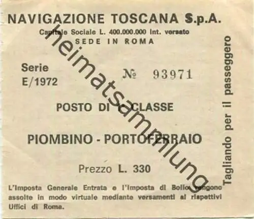 Italien - Navigazione Toscana S.p.A. - Piombino Portoferraio - Posto di 1. Cl. - Fahrschein