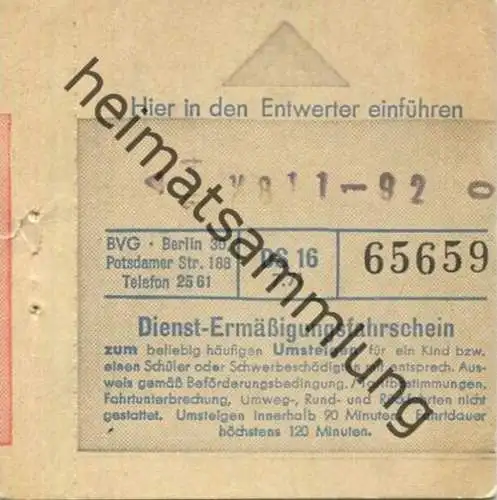 Deutschland - Dienst-Ermäßigungsfahrschein - BVG Berlin Potsdamerstrasse 188 - Fahrschein 1971