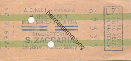Italien - A.C.N.I.L. - Venezia - Linea N. 1 - Fahrschein 1966 L.75