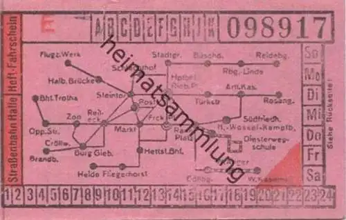 Deutschland - Strassenbahn Halle - Heft-Fahrschein 30er Jahre - rückseitig Werbung W.F. Wollmer Kleider- und Seidenstoff