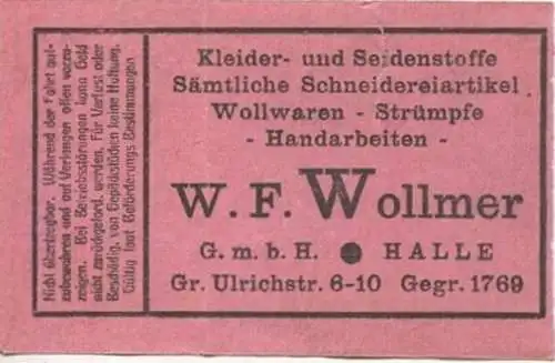 Deutschland - Strassenbahn Halle - Heft-Fahrschein 30er Jahre - rückseitig Werbung W.F. Wollmer Kleider- und Seidenstoff