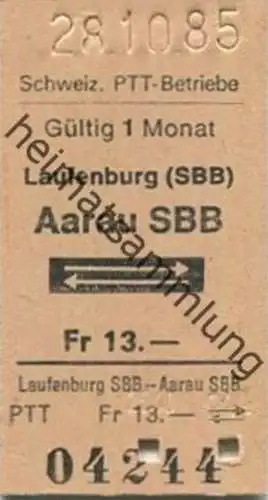 Schweiz - Laufenburg (SBB) Aarau SBB und zurück - PTT Betriebe - Fahrkarte Postauto 1985