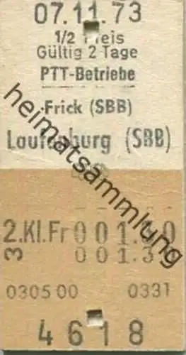 Schweiz - Frick SBB Laufenburg SBB - PTT Betriebe - Fahrkarte Postauto 1973