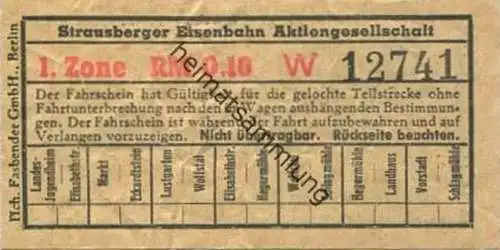 Deutschland - Strausberg - Strausberger Eisenbahn Aktiengesellschaft - Fahrschein 1. Zone RM 0,10