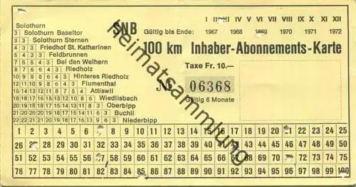 Schweiz - Solothurn-Niederbipp-Bahn - SNB 100 km Inhaber-Abonnements-Karte - Fahrkarte 1968 Taxe Fr. 10.-