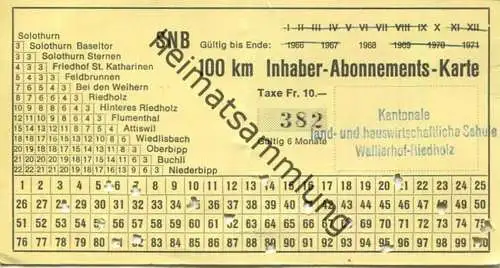 Schweiz - Solothurn-Niederbipp-Bahn - SNB 100 km Inhaber-Abonnements-Karte - Fahrkarte 1968 Taxe Fr. 10.-