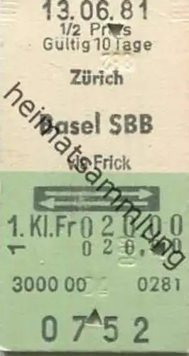 Schweiz - Zürich Basel via Frick und zurück - Fahrkarte 1/2 Preis 1. Kl. 1981